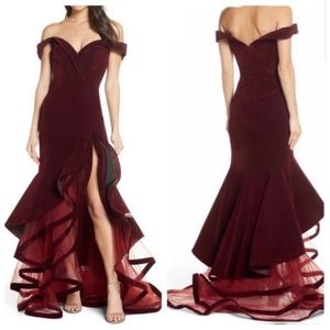 MAC BUGGAL Burgundy Velvet Off-shouldered Tiered Ball Gown SZ0